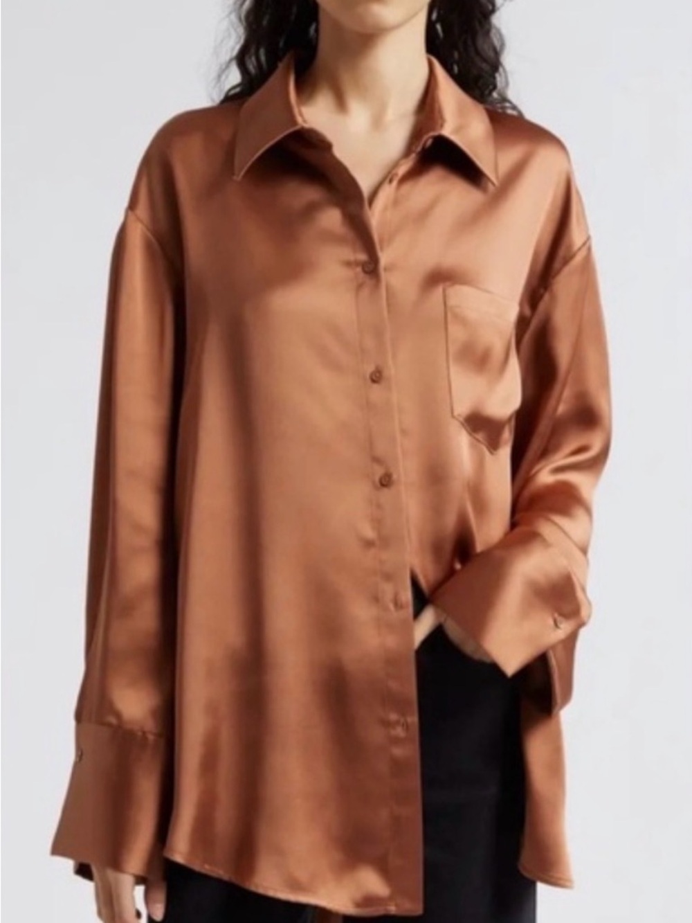 Alice + Olivia Oversize Copper Satin Button-Down Shirt XL